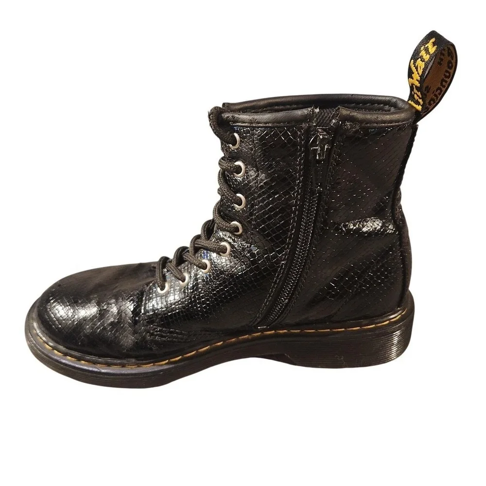 Dr Martens 1460J Boots Kids Size 4 Black Snake Print Leather Lace Up Zip Ankle